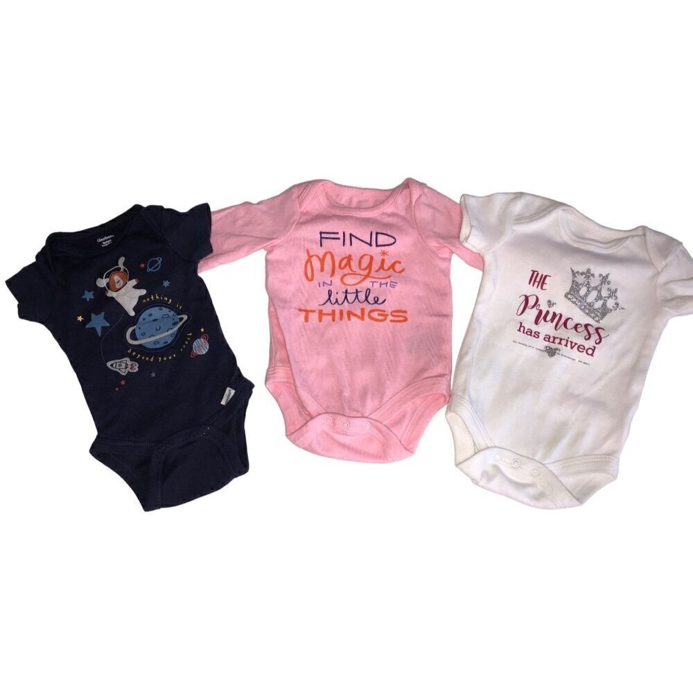 Baby One Piece Lot of 3 Newborn 0-3M Princess Space Pink White Blue Sparkle